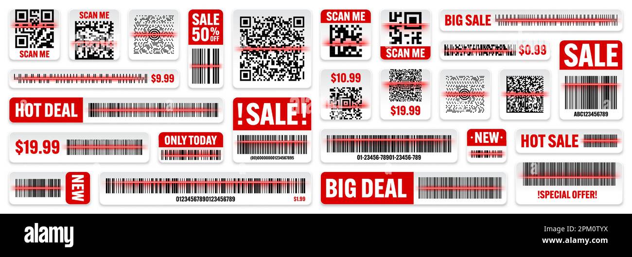 Product barcodes and QR codes with red scanning line. Sale stickers