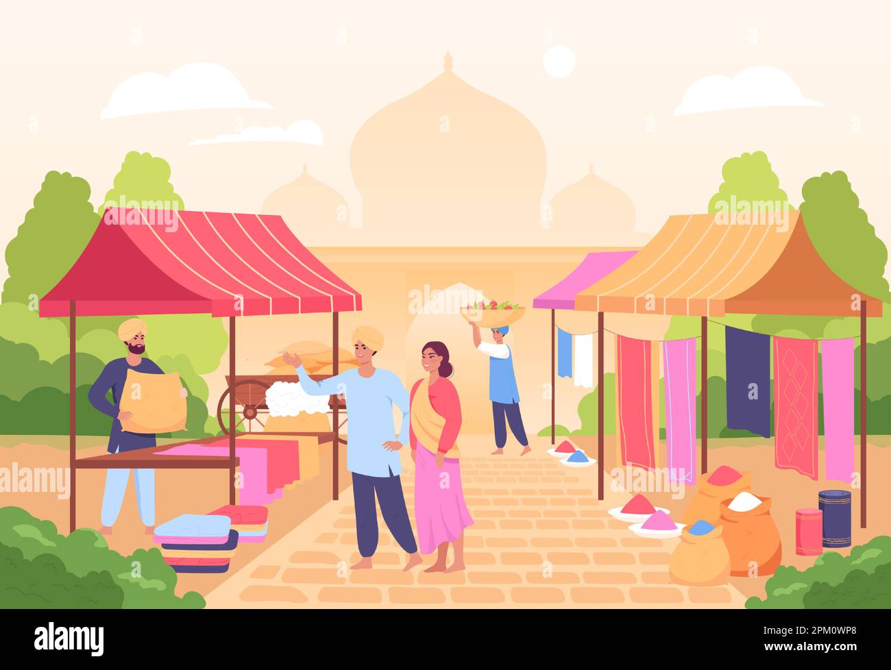 People shopping at Indian market flat vector illustration Stock Vector