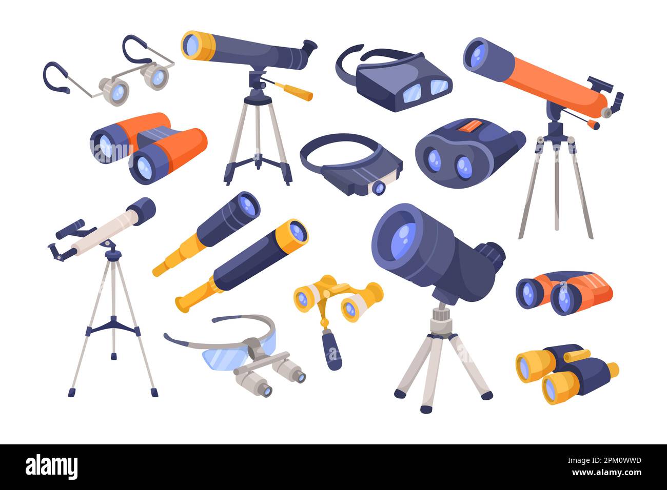 Binoculars and telescopes flat vector illustrations set Stock Vector
