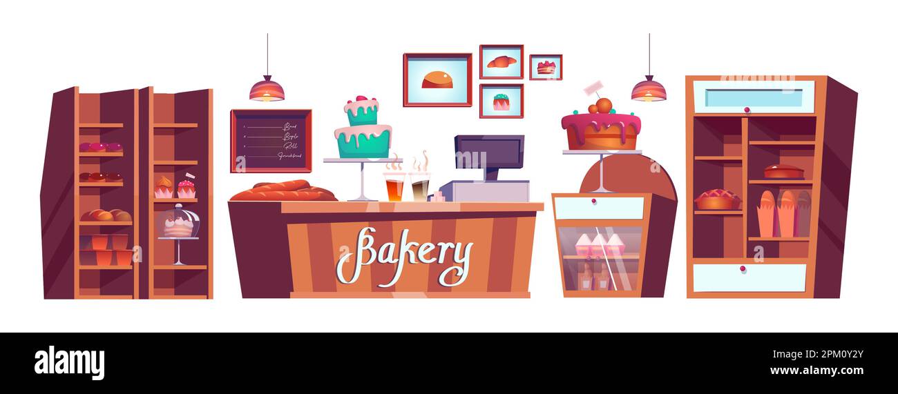 Interior of empty cozy bakery cartoon illustration set Stock Vector