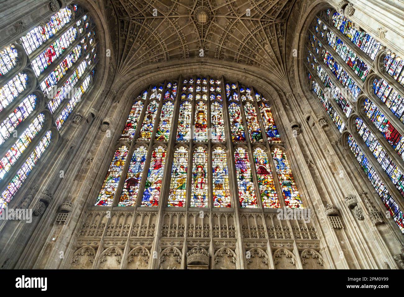 Interior stained glass windows of King's College Chapel at Cambridge University, Cambridge, UK Stock Photo