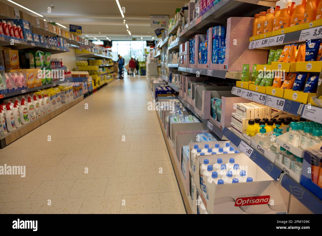 Porto, Portugal - 01.04.2023: Hall with Beauty and hygiene section at the Lidl supermarket. Selective focus. Stock Photo