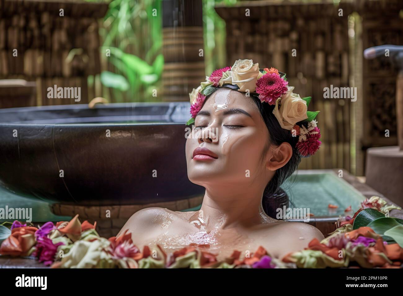 Escape to Serenity Woman Relaxing in Balinese Spa Jacuzzi Stock Photo