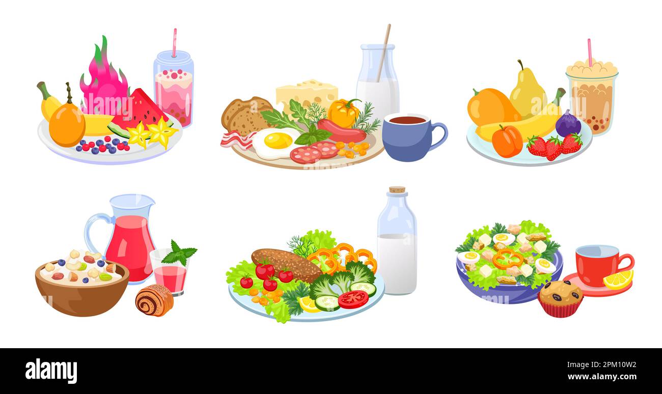 Plates with healthy breakfast cartoon illustration set Stock Vector