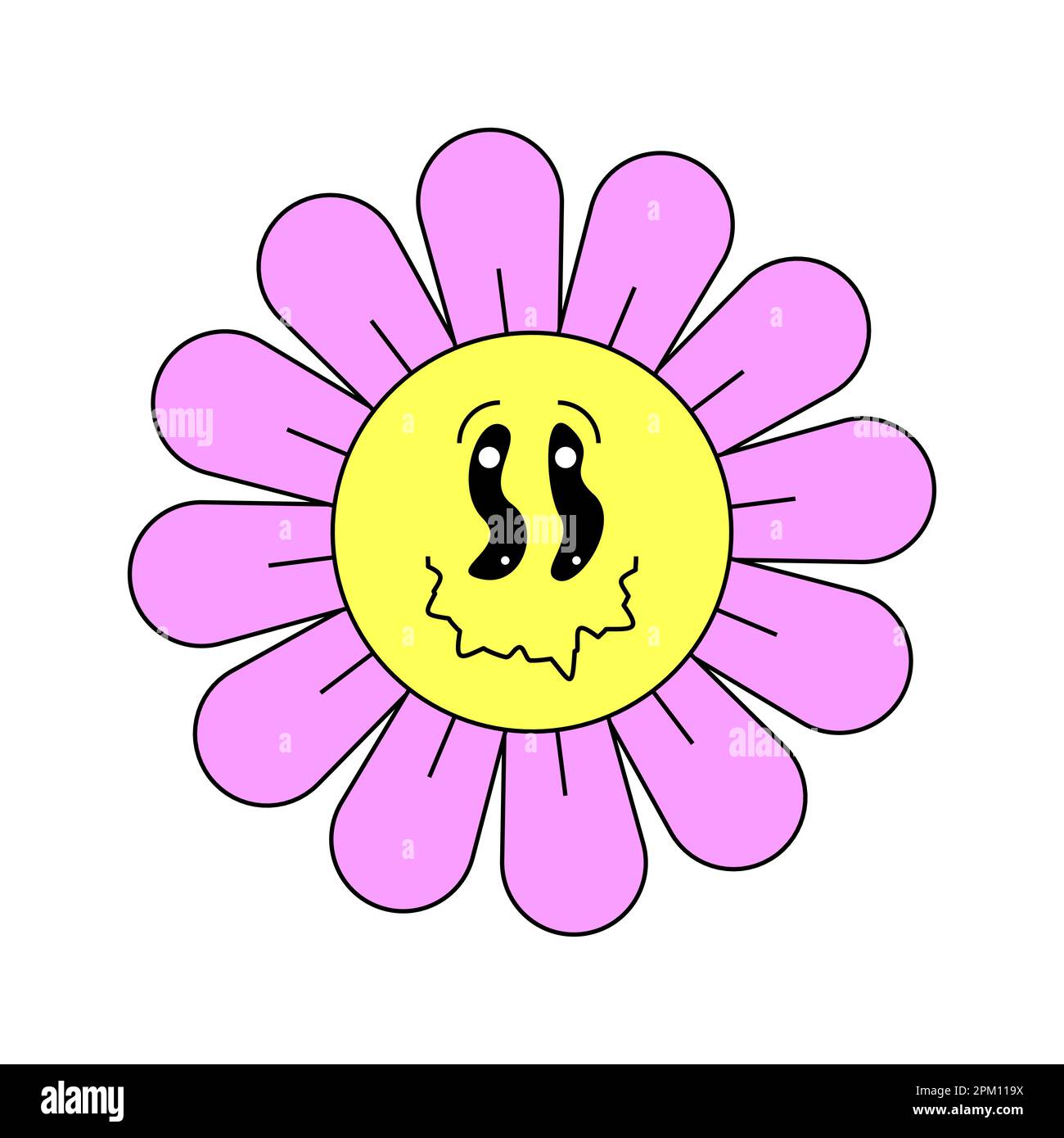 Hippie groovy chamomile smiley strange character good vibes. Retro daisy flower head crazy mascot melting face. Psychedelic positive nostalgic vintage cartoon plant. Trendy y2y pop culture floral. EPS Stock Vector