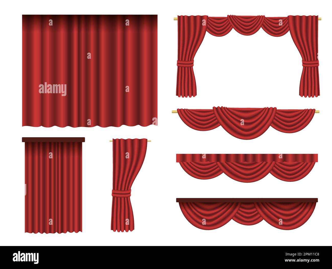 Curtains made of red fabric cartoon vector illustration set Stock Vector