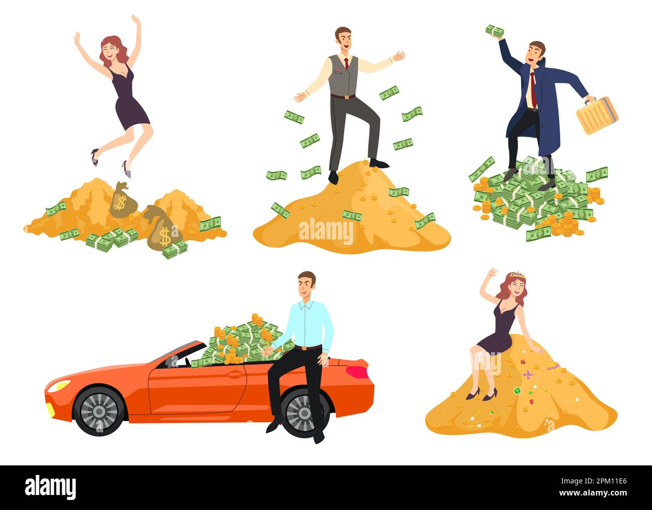 Rich people with mountain of money cartoon illustration set Stock Vector