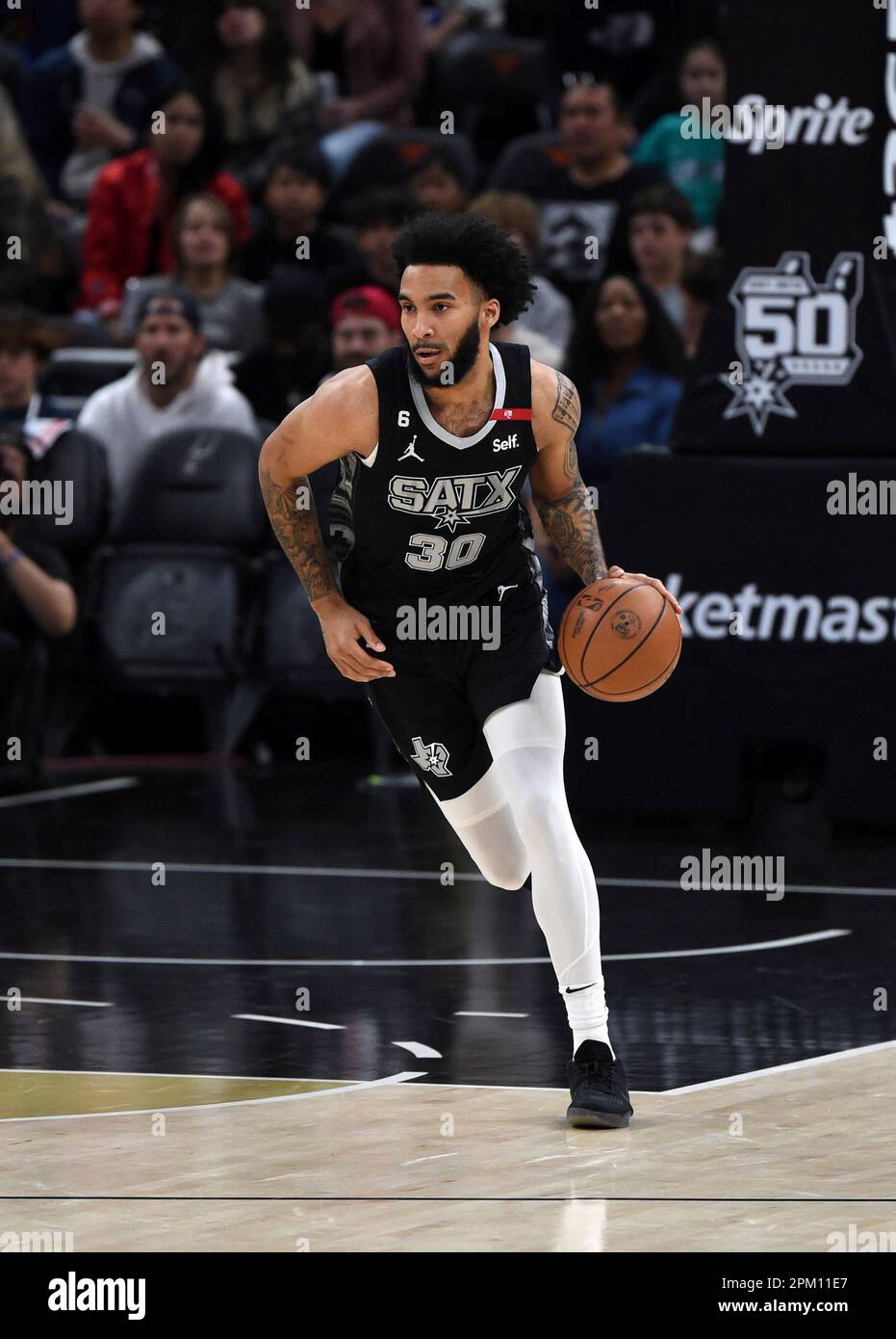 AUSTIN, TX APRIL 08 San Antonio Spurs guard Julian Champagnie dribbles the ball down court