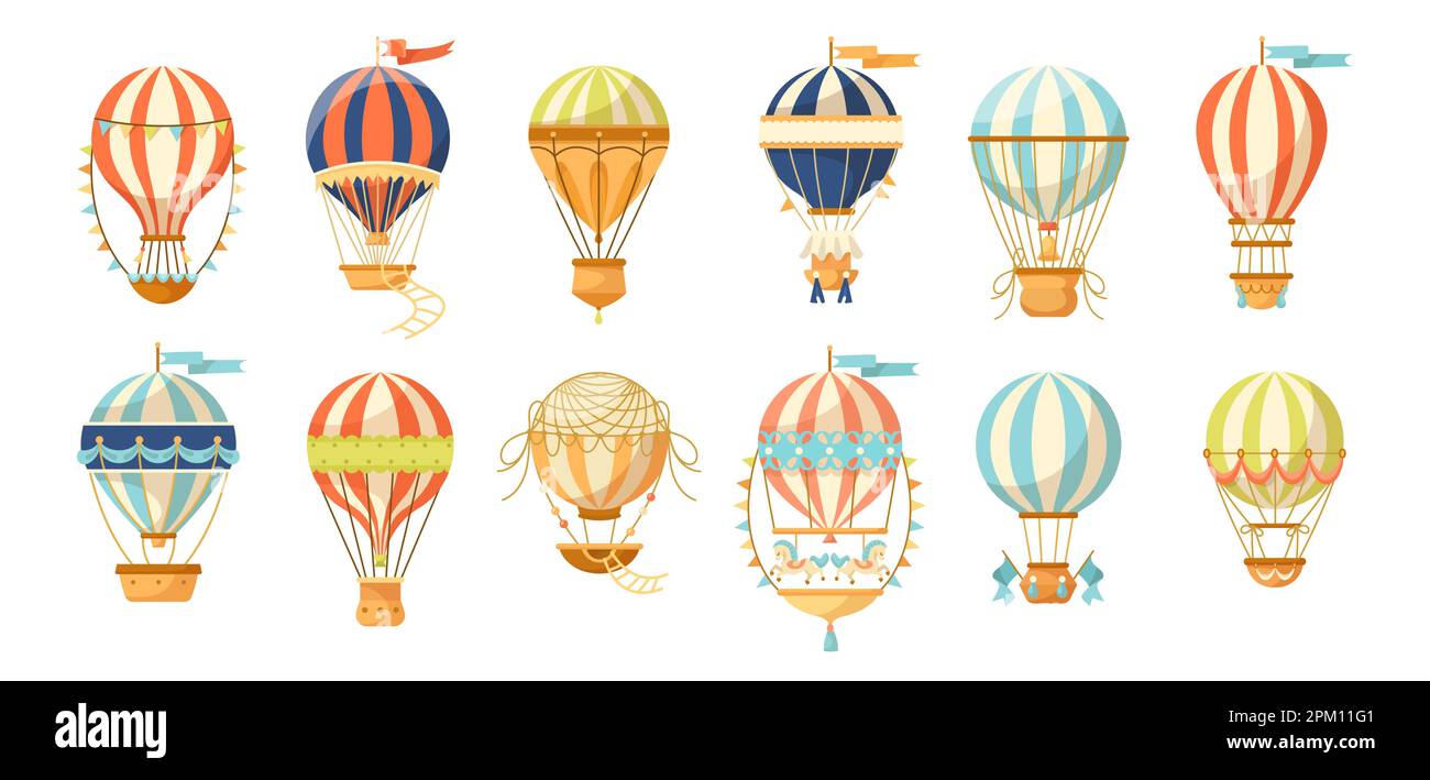 Different colorful hot air balloons vector illustrations set Stock Vector
