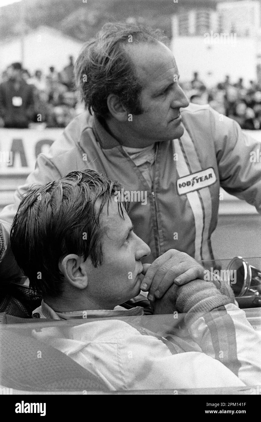 New Zealand Formula One drivers Bruce McLaren and Denny Hulme at Monaco Grand Prix in1968. Stock Photo