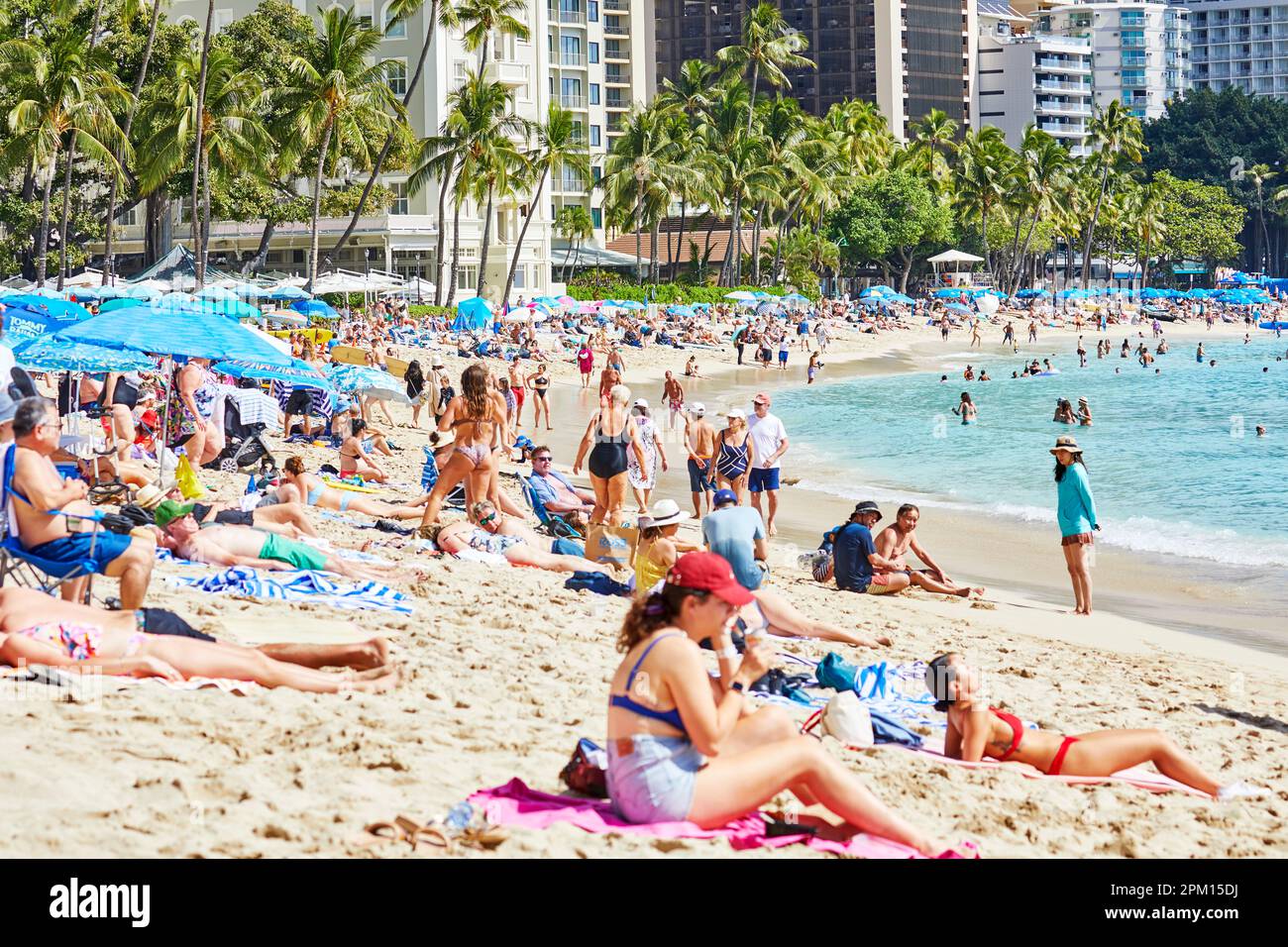 Waikiki, Oahu, Hawaii, USA, February 6, 2023 Crowds of People on