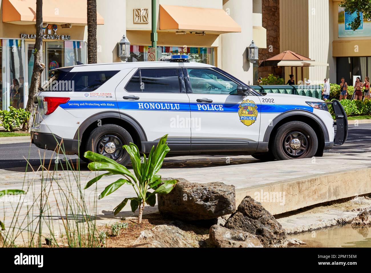 Waikiki, Oahu, Hawaii, USA, - February 6, 2023: Honolulu Police Cars parked on Kalakaua Avenue in Waikiki Stock Photo