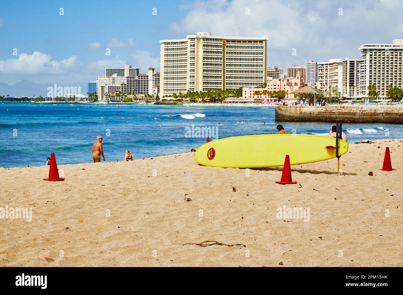 Waikiki, Oahu, Hawaii, USA, February 6, 2023 Lifeguard's Surfboard ready to go on Waikiki