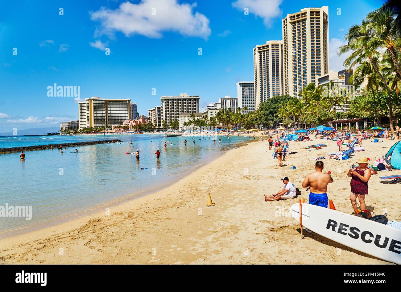 Waikiki, Oahu, Hawaii, USA, February 6, 2023 Tourists on Waikiki