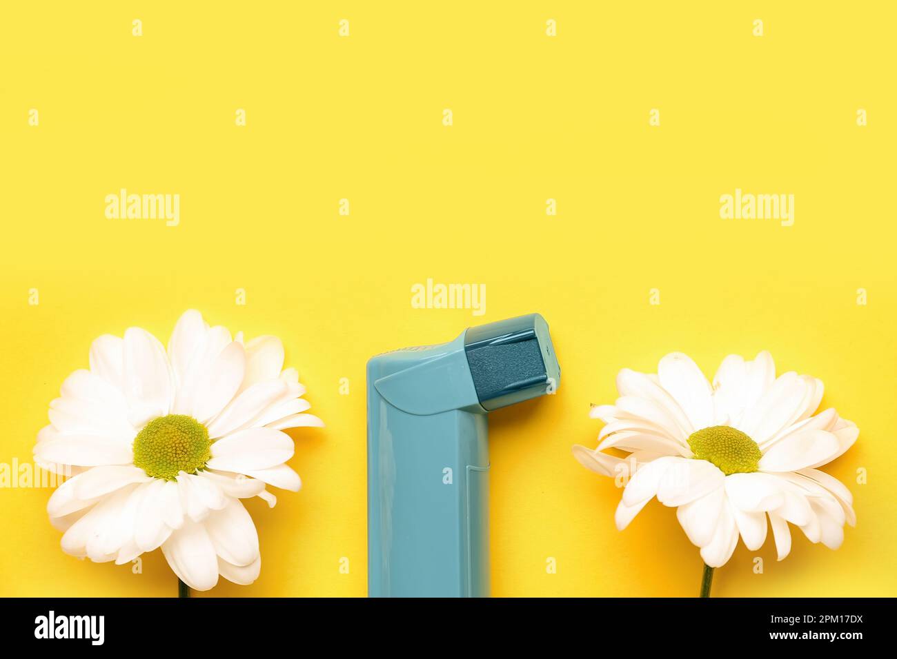 Asthma inhaler with daisy flowers on yellow background Stock Photo Alamy
