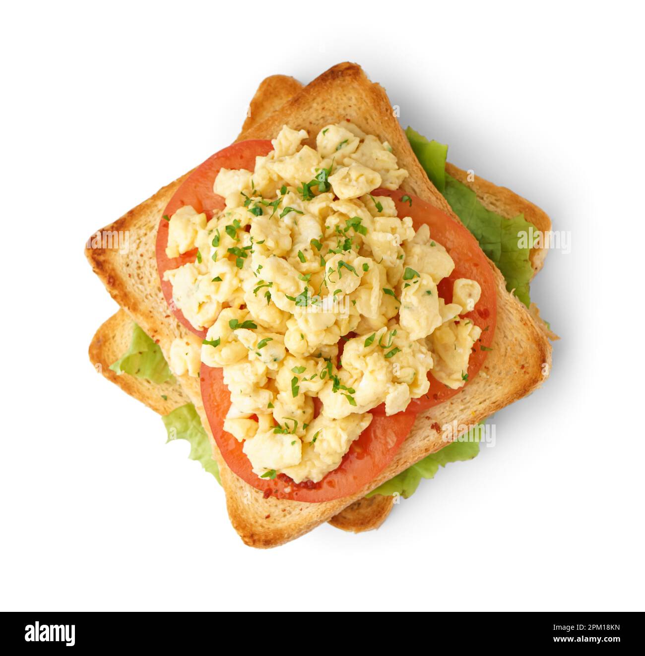 Tasty scrambled eggs sandwich on white background Stock Photo - Alamy