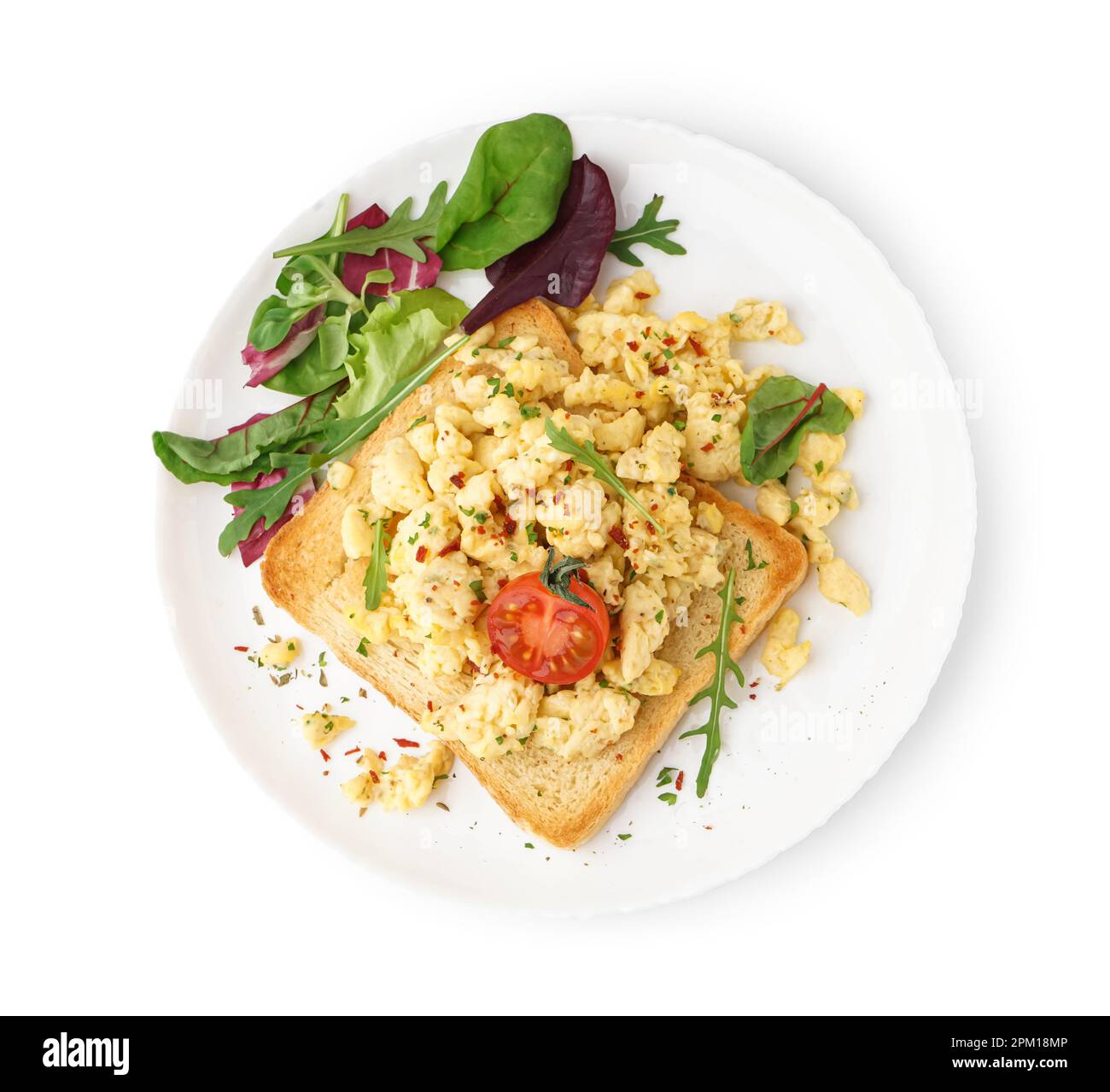 Plate with tasty scrambled eggs sandwich and salad on white background ...