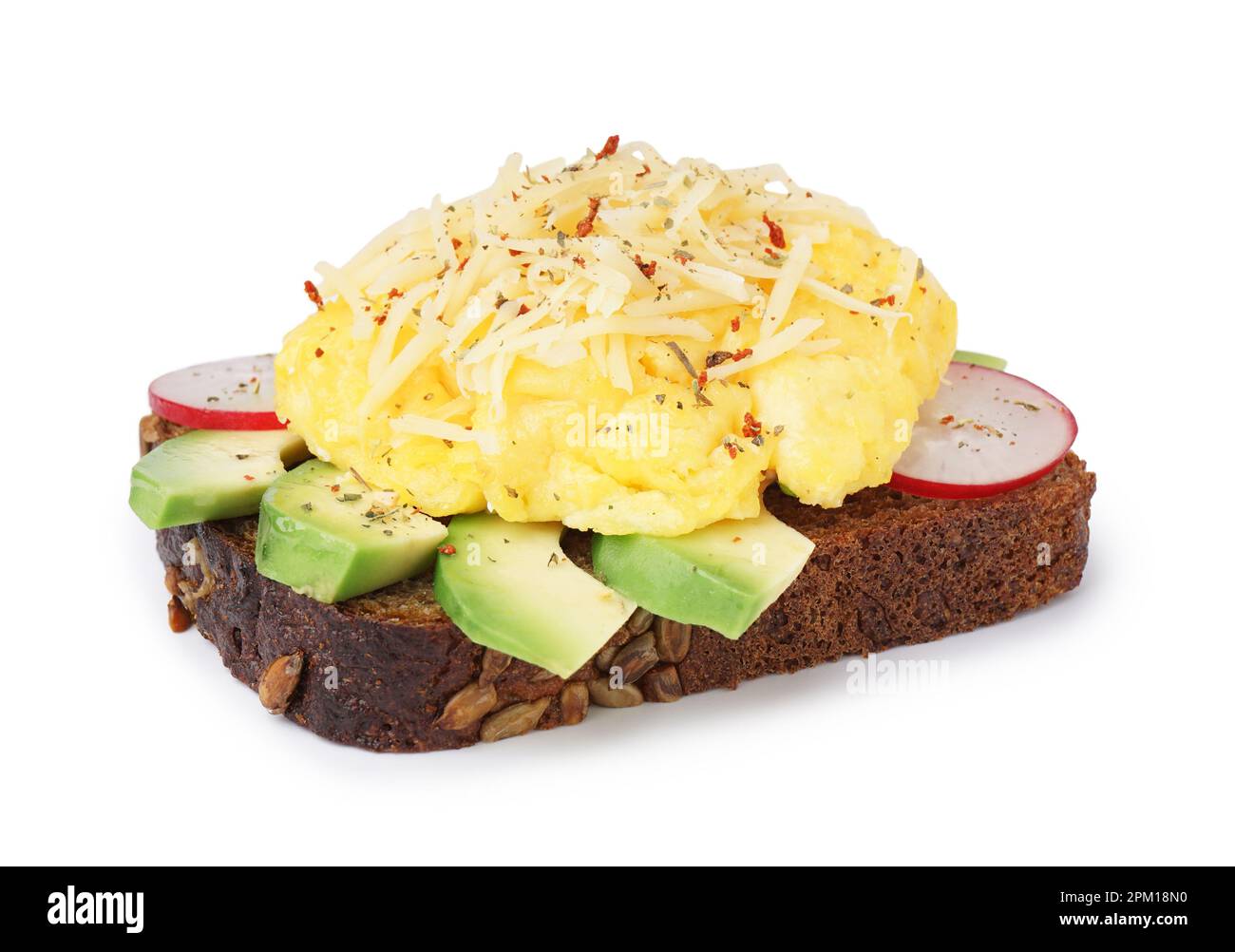 Tasty scrambled eggs sandwich and vegetables on white background Stock ...