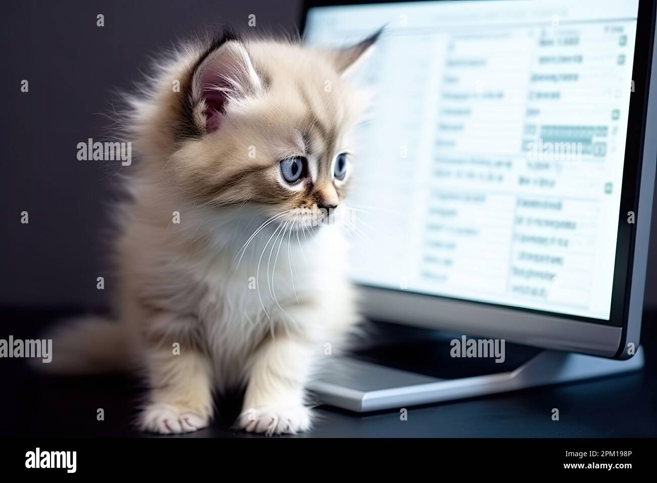 Financial statements on display of computer monitor and fluffy kitten. Accounting courses for cats concept Stock Photo