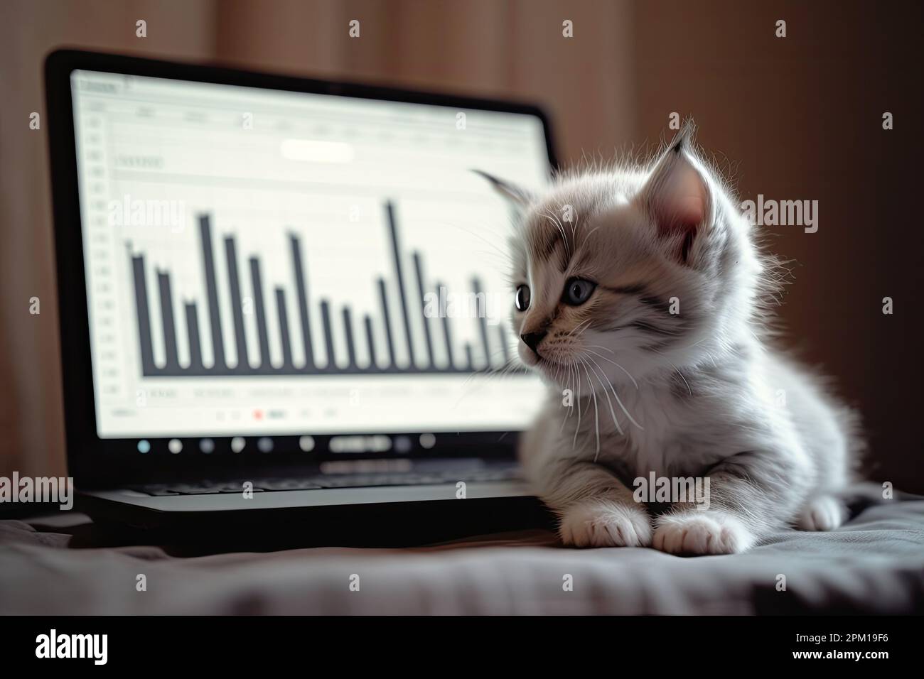 Business charts on screen of laptop and cute fluffy cat. Business ...