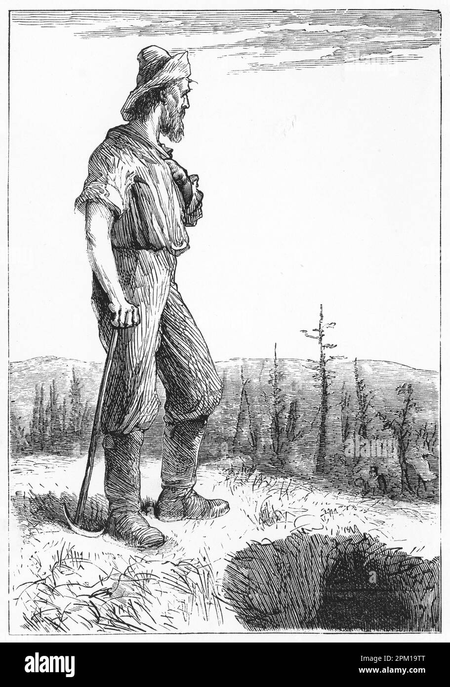 Engraving of a miner standing by his mineshaft in the wilderness Stock Photo