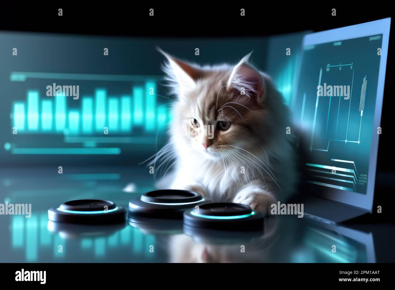 Business graph charts on screen of computer and cute young cat
