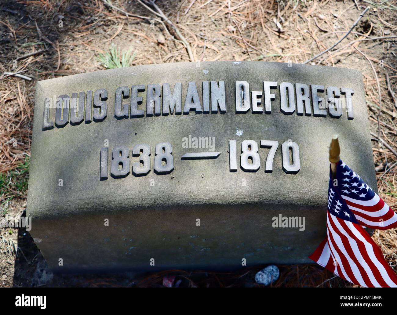 Captain Louis Germain DeForest (1838 – 1870), a Civil War soldier, was the first person to be buried at Lake View Cemetery in Cleveland, Ohio Stock Photo