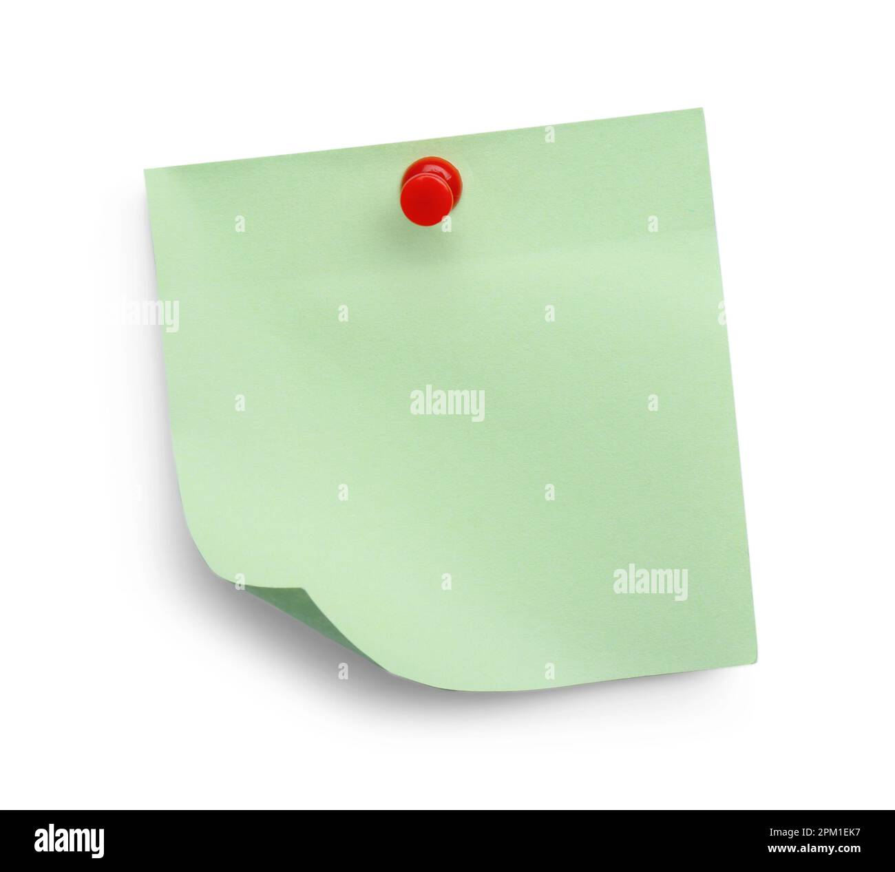 Blank light green note pinned on white background, top view Stock Photo