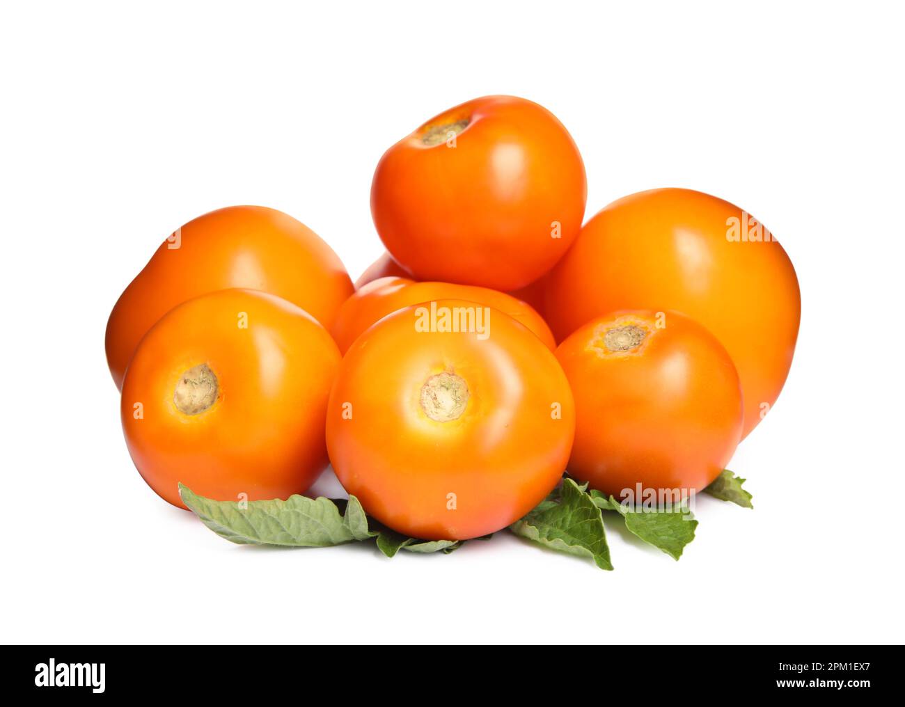 Fresh ripe yellow tomatoes with leaves on white background Stock Photo ...