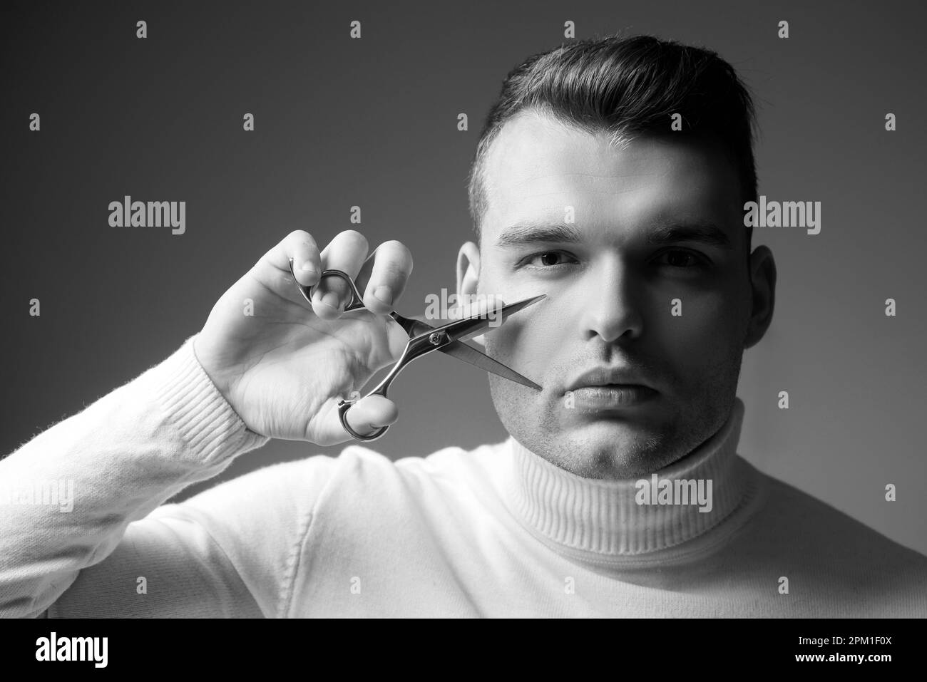 Macho confident barber cut hair. service concept