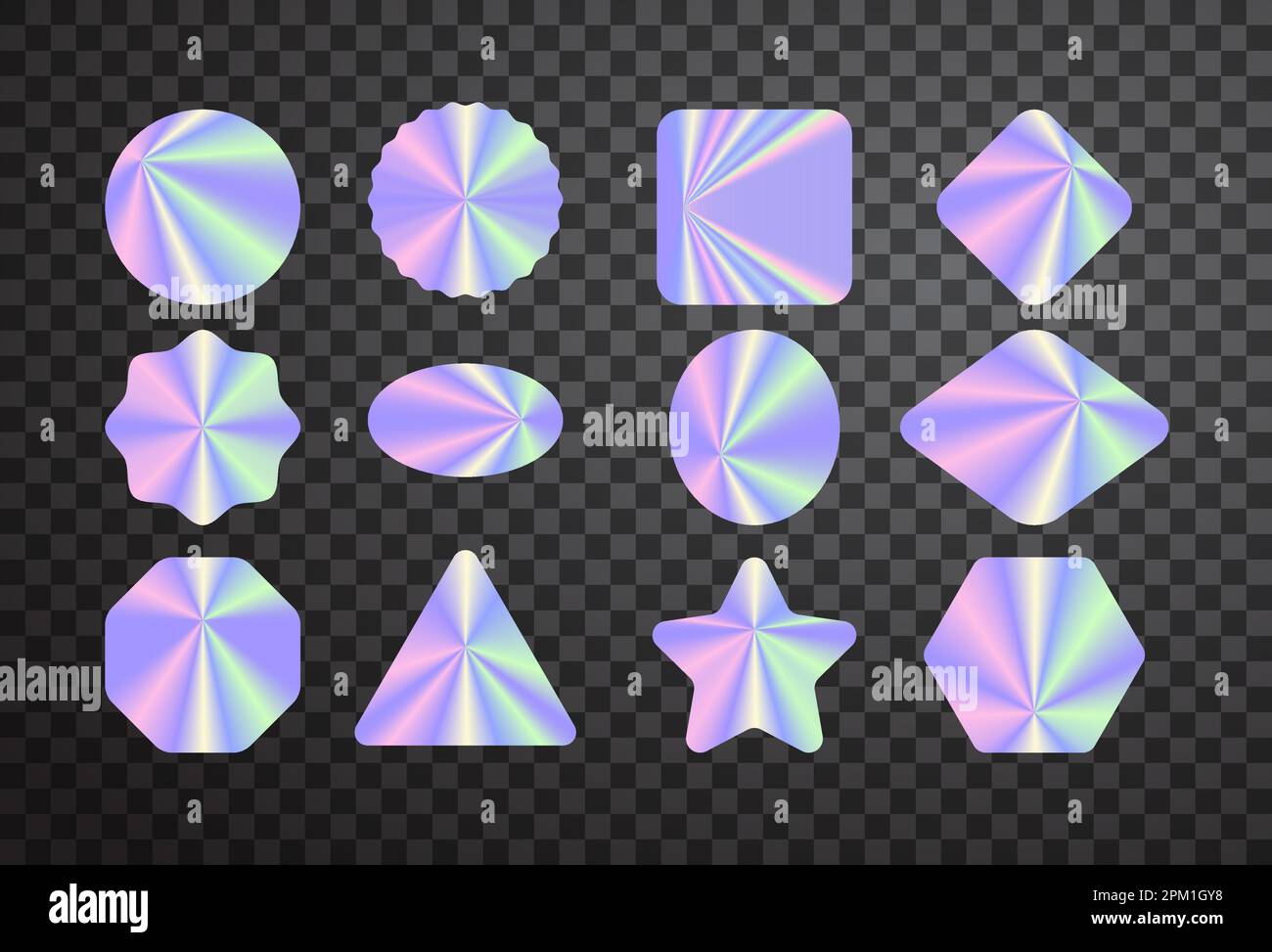 Bright hologram vector stickers on transparent backdrop. Rainbow colored glowing badges in different shapes. Vector illustration Stock Vector