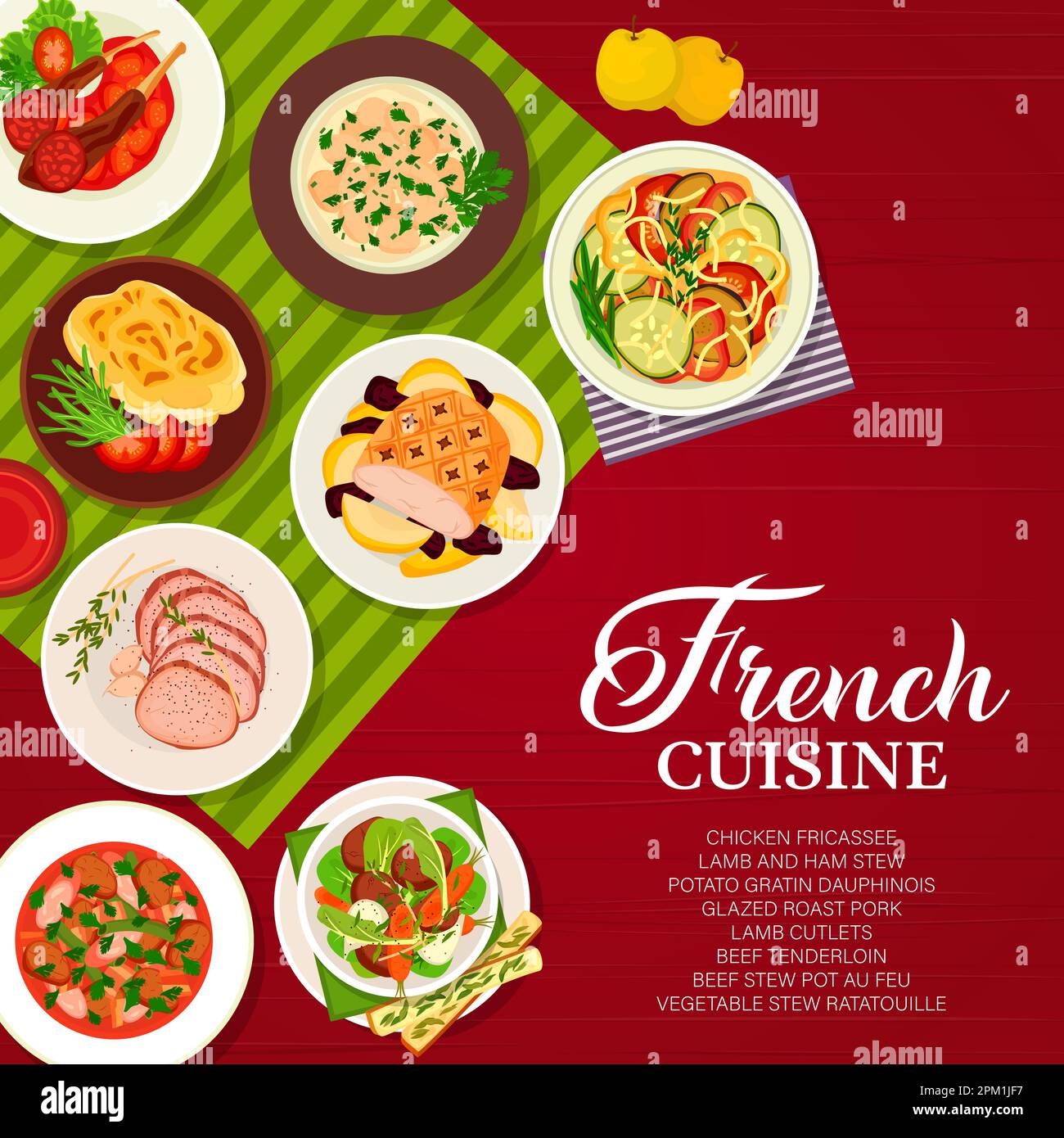French cuisine food menu cover page. Beef tenderloin, potato gratin