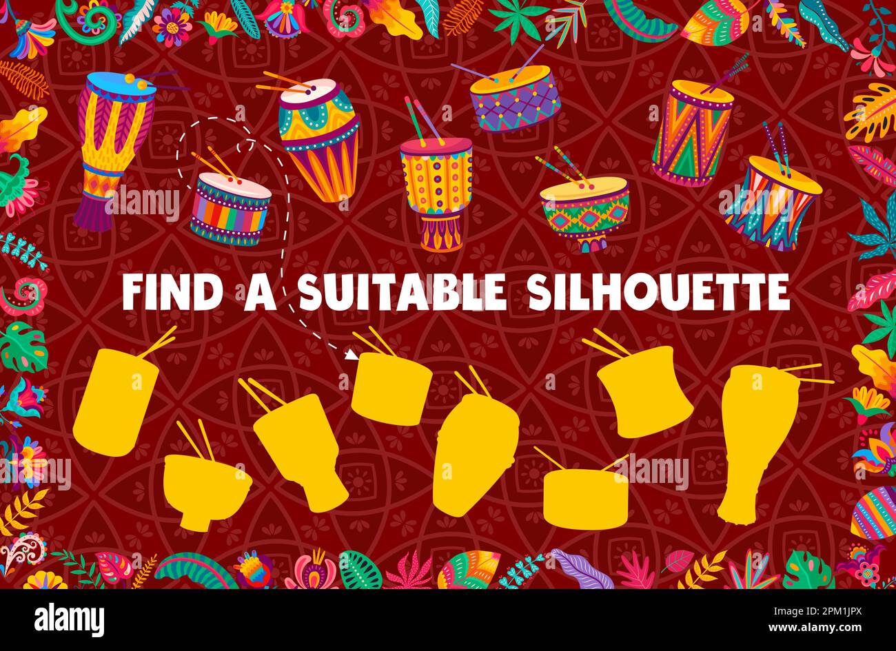 Find two same Brazilian or African drums, kids puzzle game, vector quiz