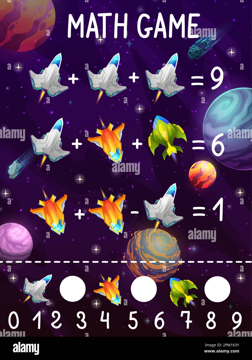Math game worksheet, cartoon spacecrafts and starships in galaxy space