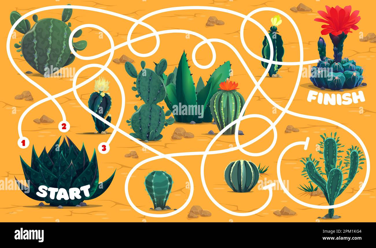 Labyrinth maze. Cacti succulents in desert. Children labyrinth quiz ...
