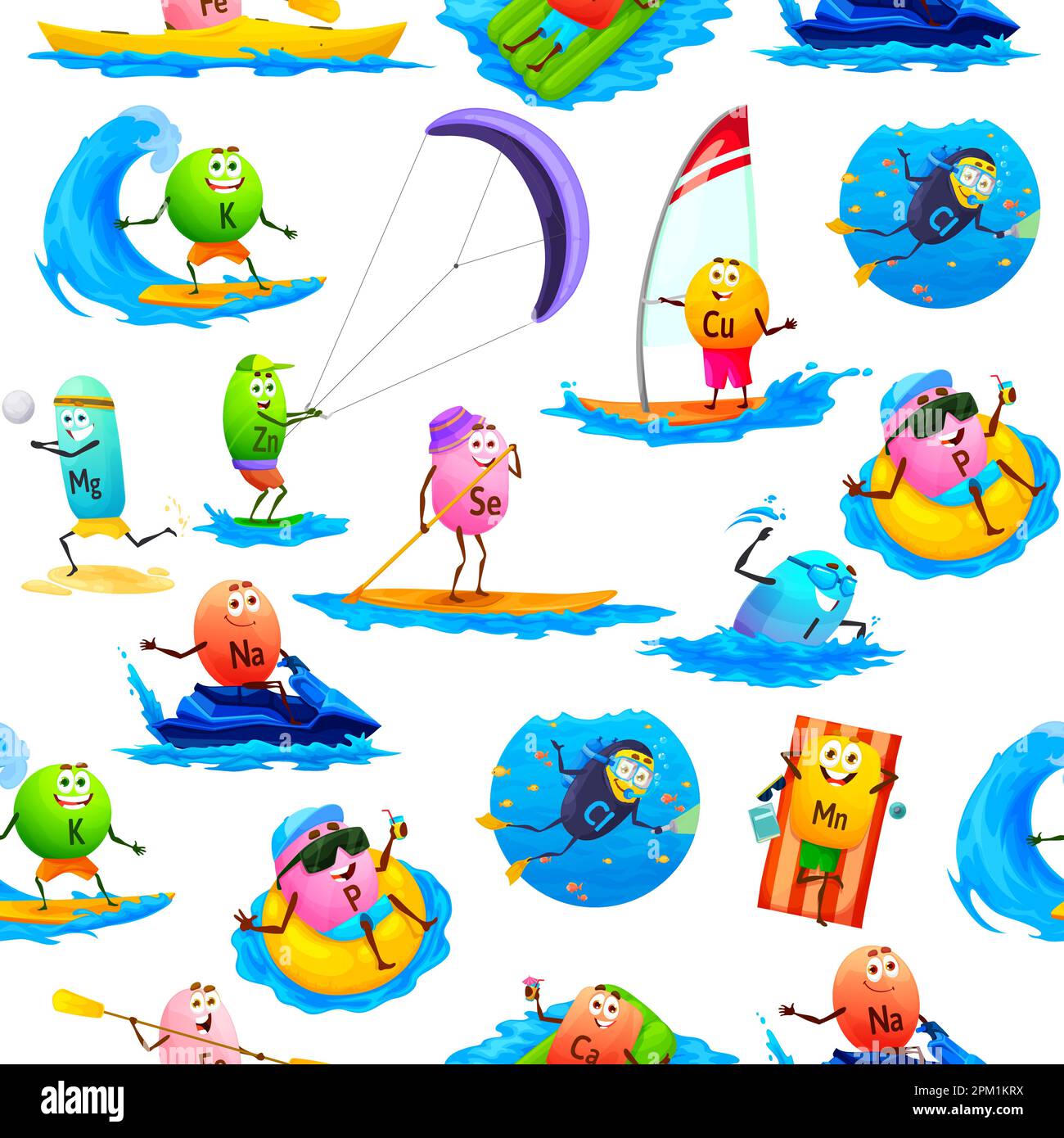 Cartoon minerals characters on summer vacations, seamless pattern and