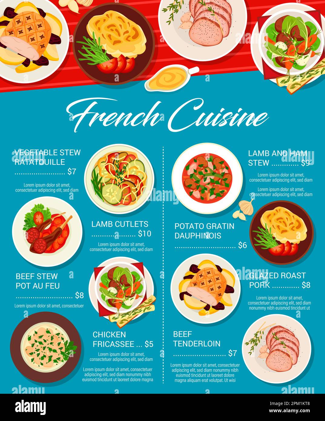 French cuisine food menu page. Glazed roast pork, beef tenderloin and ...