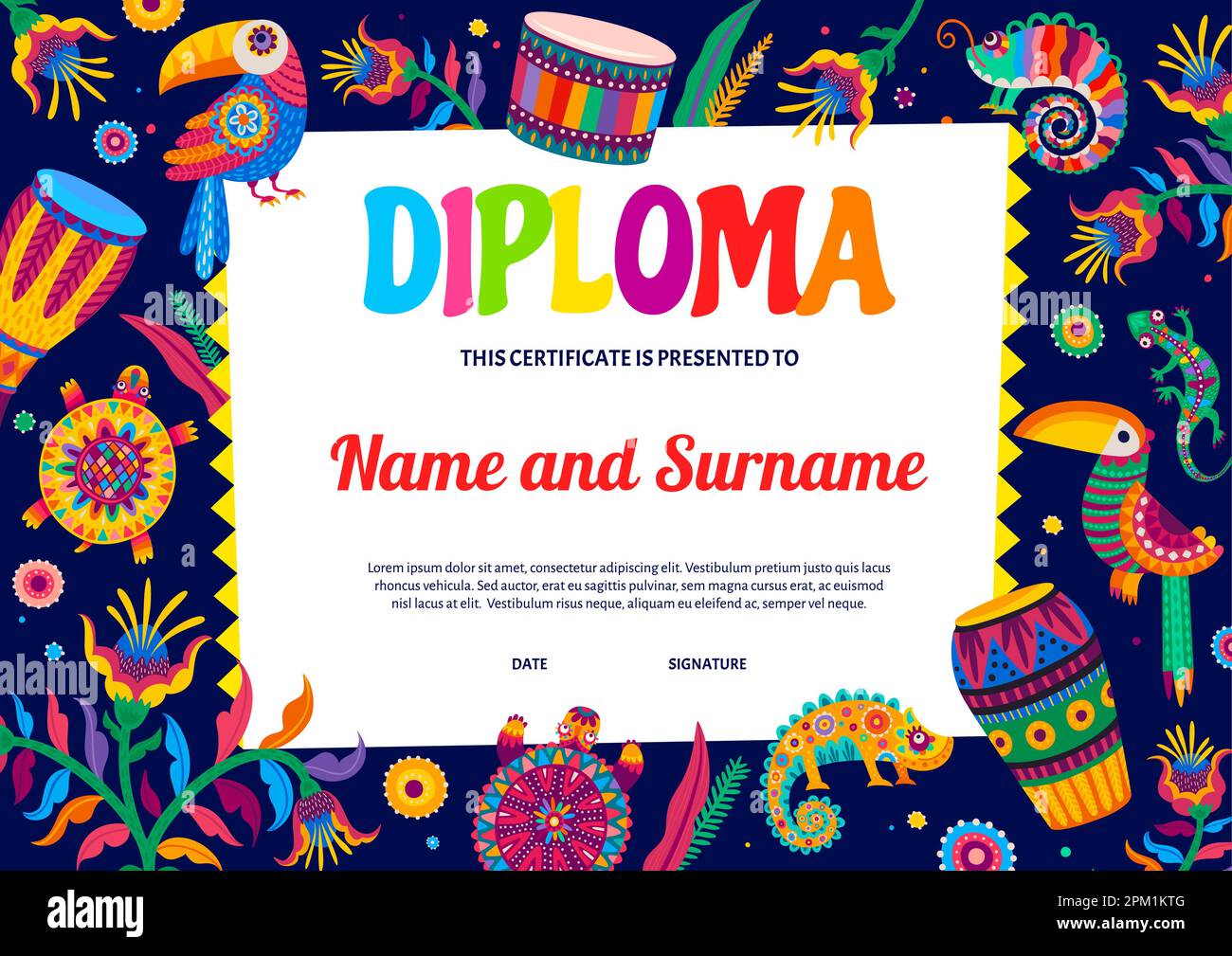 Kids diploma, Brazilian toucans and parrots, Mexican chameleons and turtles, vector education certificate. Colorful Latin flowers and birds on school Stock Vector