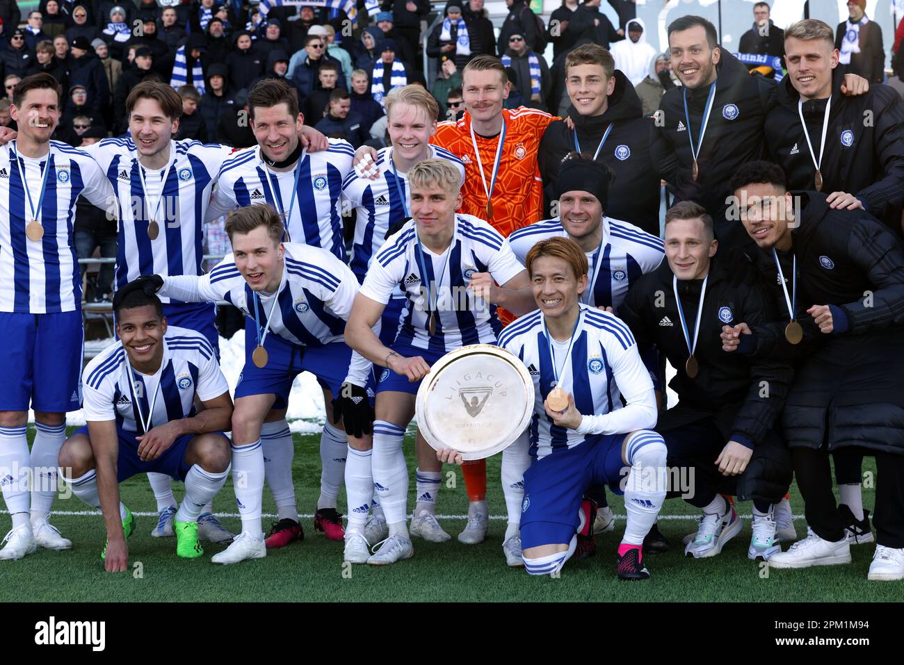 Helsinki, Finland. 1st Apr, 2023. HJK celebrate winning the Finnish League Cup, April 1, 2023
