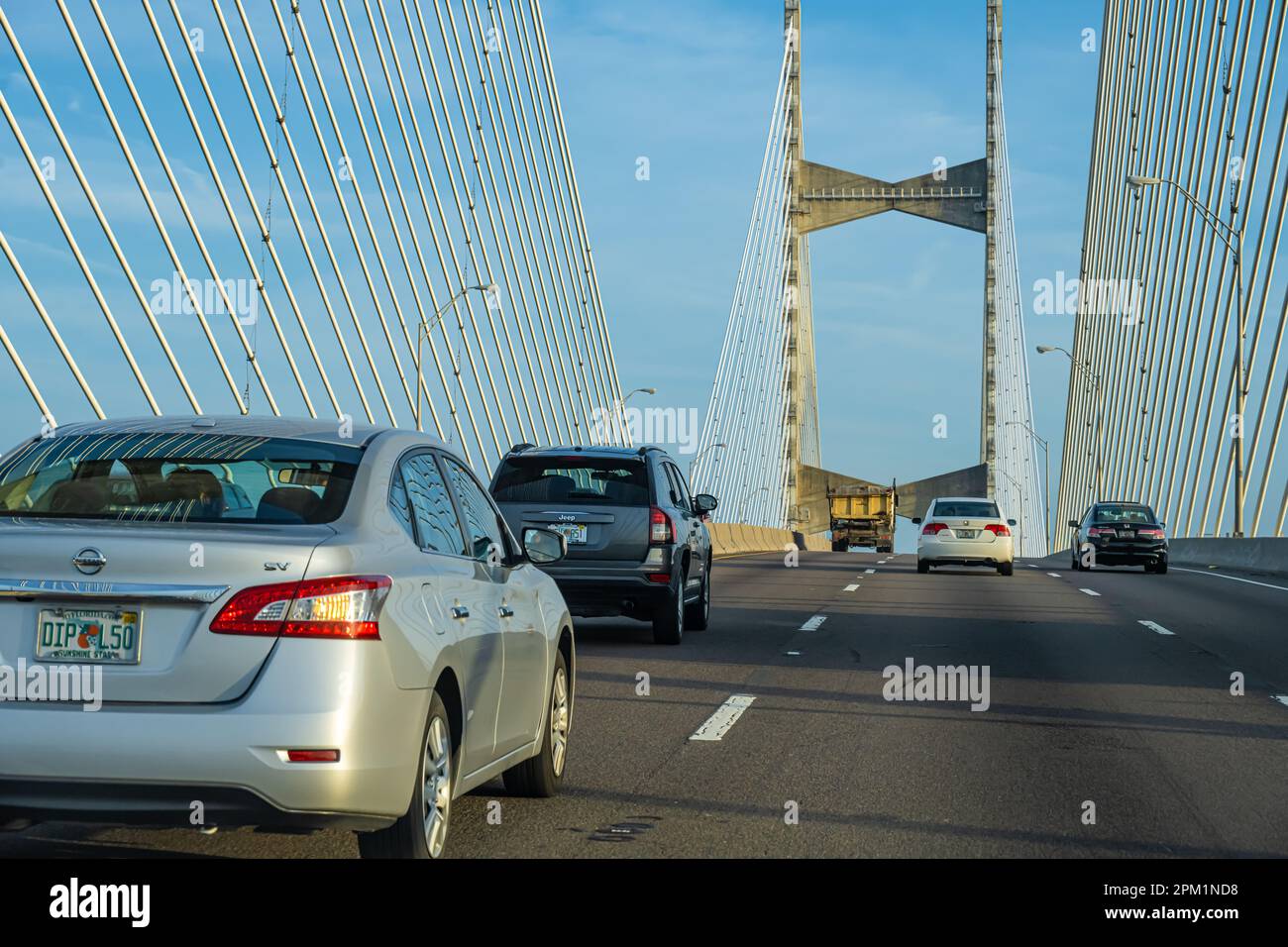 Northbound traffic on the Interstate 295 East Beltway at the Dames Point Bridge, a concrete cable-stayed bridge, in Jacksonville, Florida. (USA) Stock Photo