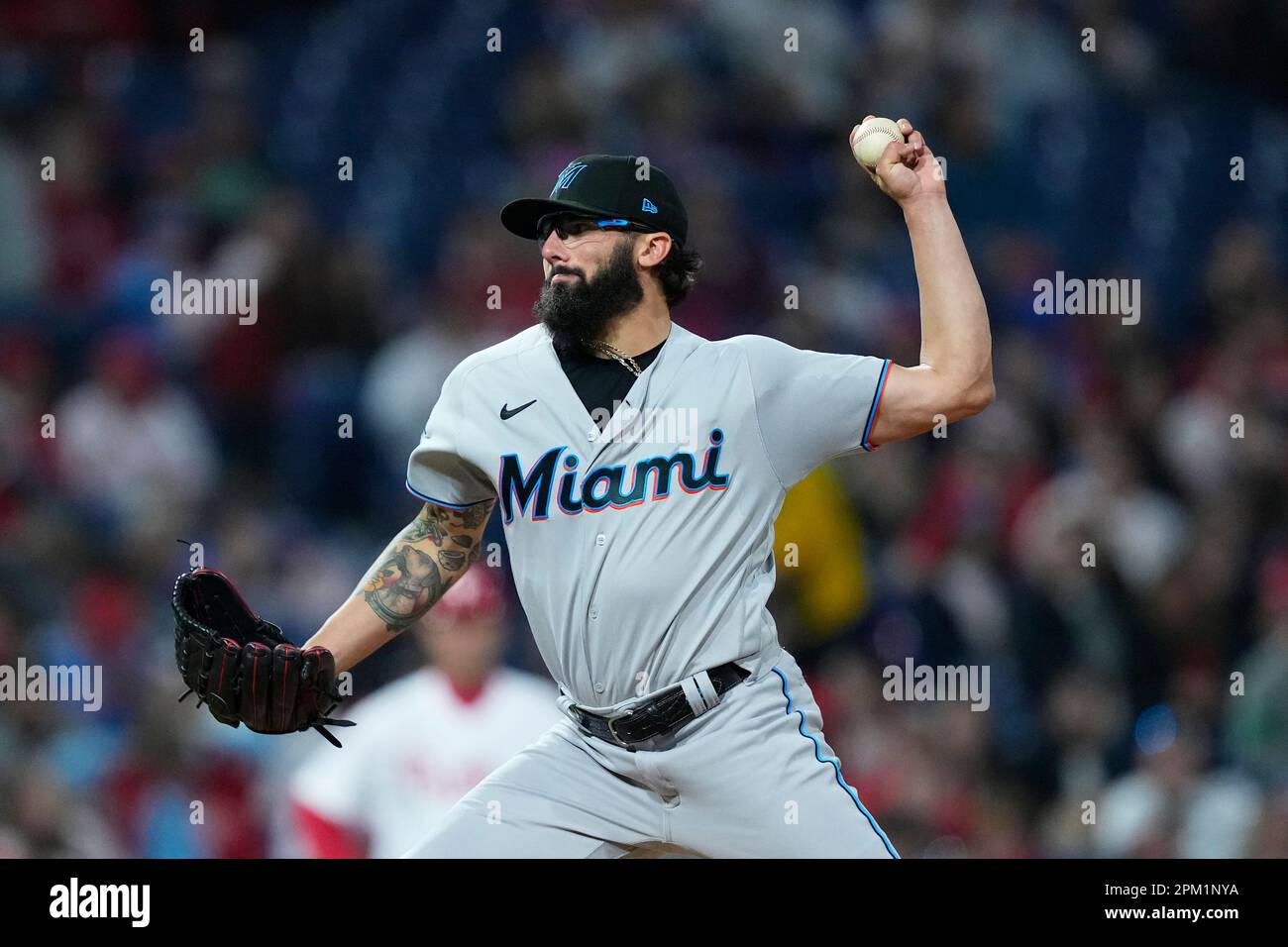 PHILADELPHIA, PA - APRIL 10: Miami Marlins starting pitcher Devin Smeltzer  (38) looks on during the game between the Miami Marlins and the  Philadelphia Phillies on April 10, 2023 at Citizens Bank