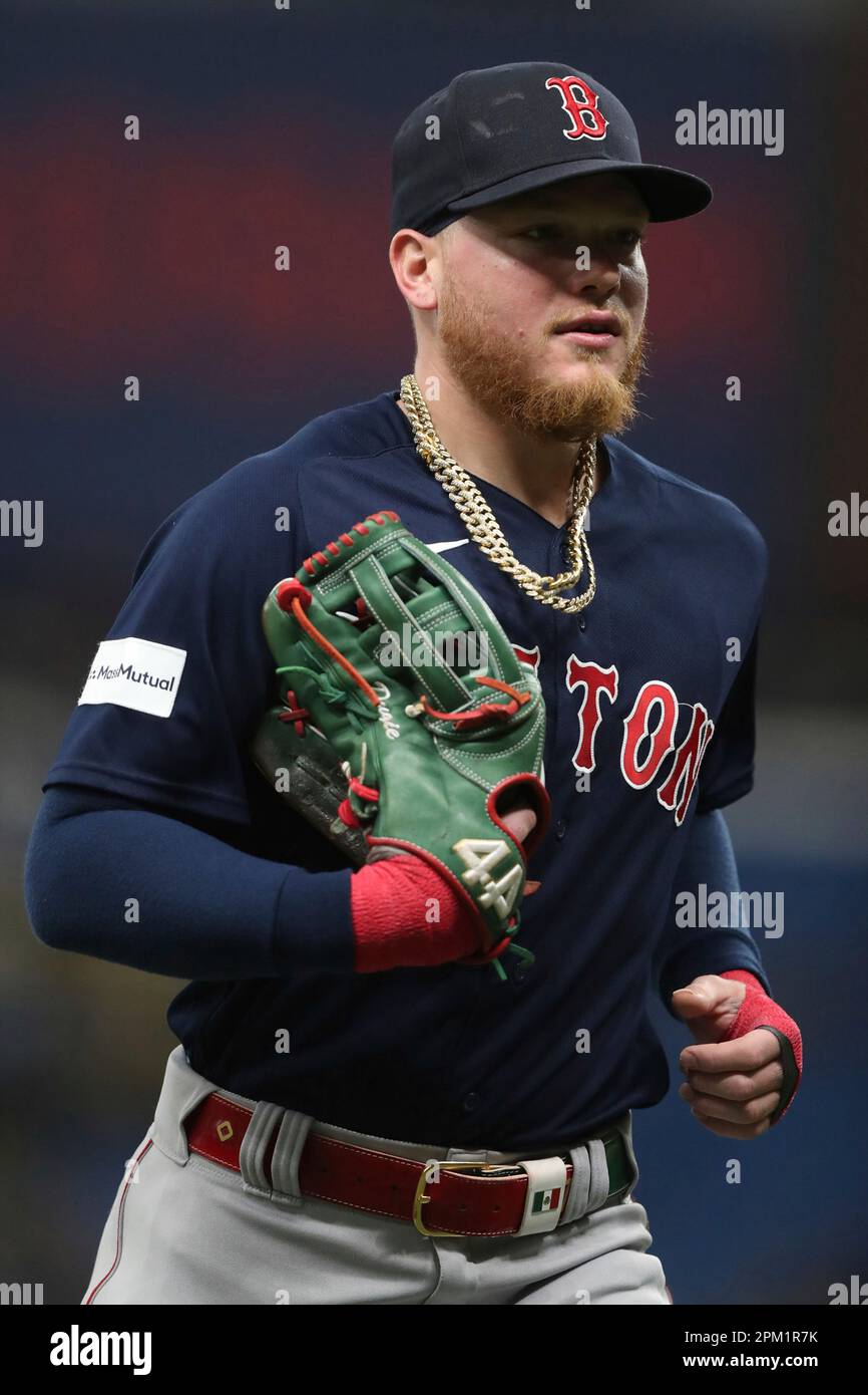 ST. PETERSBURG, FL - APRIL 10: Boston Red Sox Outfielder Alex Verdugo (99)  trots back towards the dugout during the MLB regular season game between  the Boston Red Sox and the Tampa