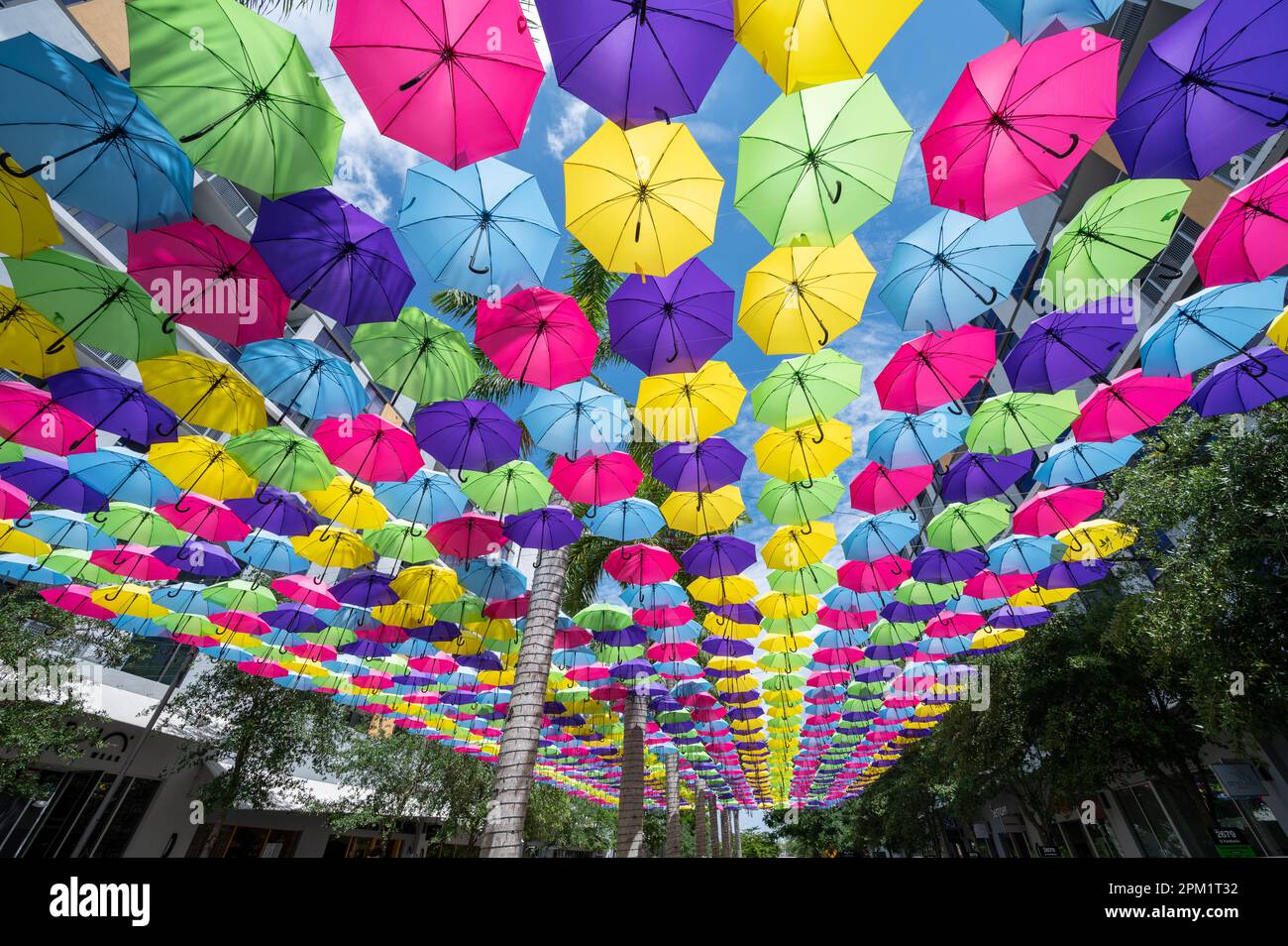 Doral, Florida April 9, 2023 Canopy of colorful umbrellas suspended over Doral CityPlace