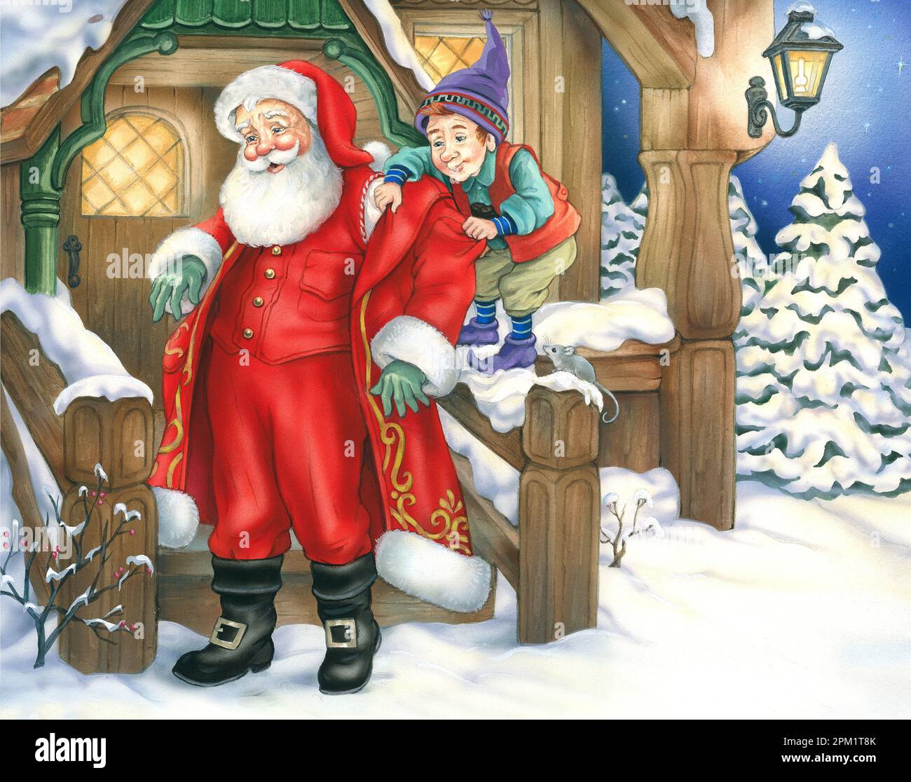 Christmas Elf helping Santa into coat outside northpole house Stock Photo