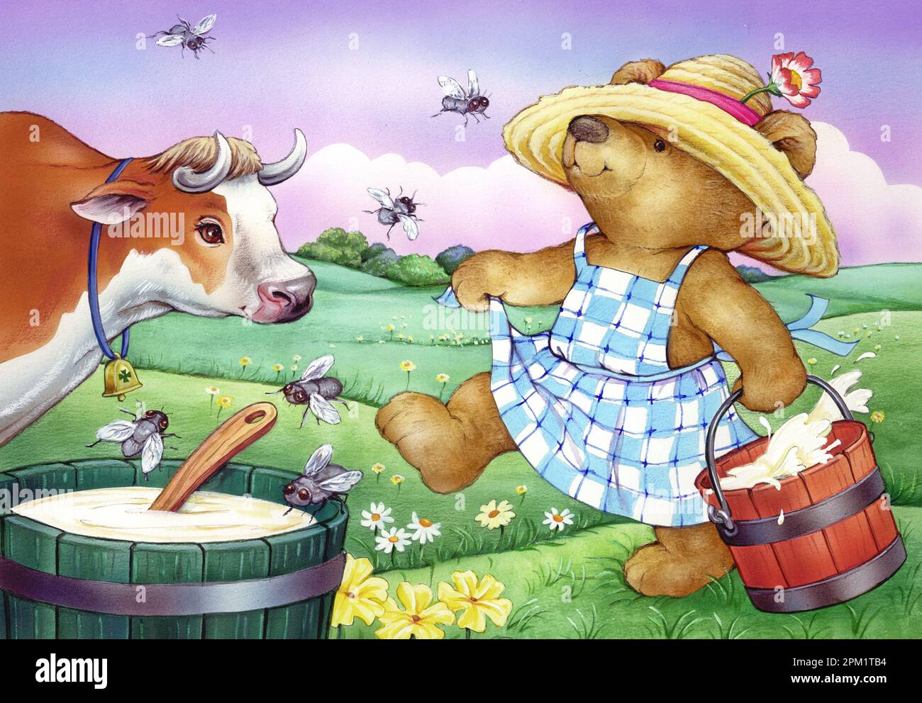 Nursery Rhymes'Flies in the Buttermilk' teddy on farm with cow & milk