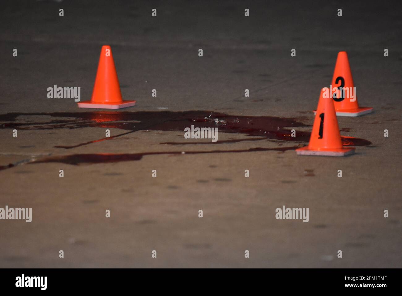 Bronx, United States. 10th Apr, 2023. (EDITORS NOTE: Image contains graphic content)Blood and evidence markers seen at the scene. Two males were shot according to the New York City Police Department. One 17-year-old male was shot and is in stable condition and another male is in critical condition. Credit: SOPA Images Limited/Alamy Live News Stock Photo