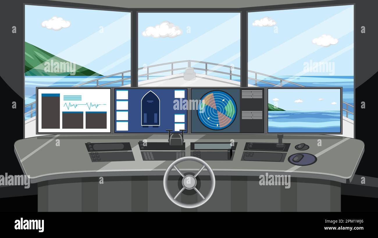 Ship cockpit interior with control panels illustration Stock Vector