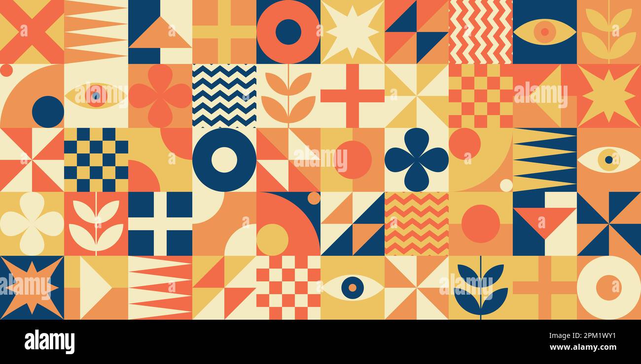 Bauhaus style mid century colorful neo-Memphis contemporary editable seamless pattern neo geo abstract geometrical vector illustration Stock Vector