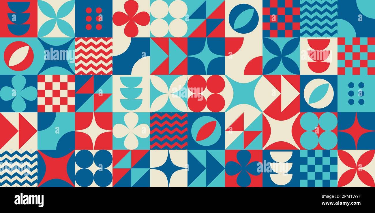 Bold minimalist mid century neo-memphis colorful geometric bauhaus style memphis contemporary editable seamless pattern neo geo abstract geometrical Stock Vector