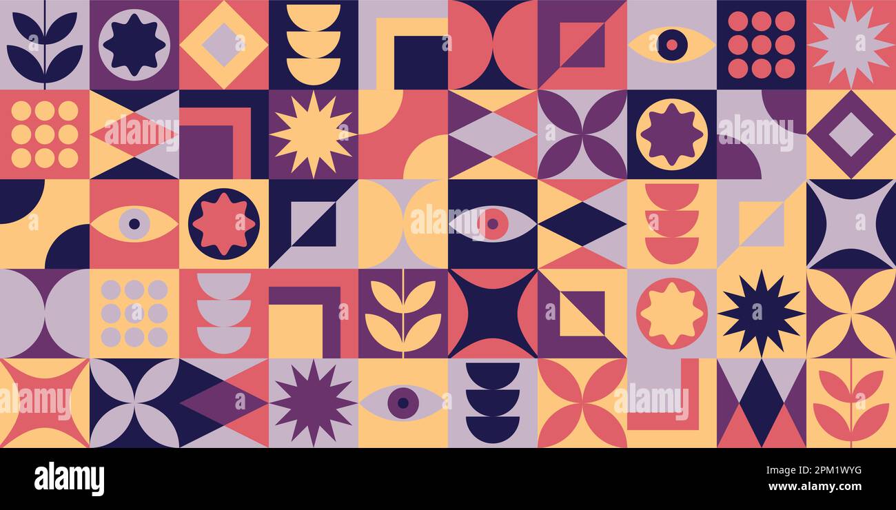 Colorful neo geometric bauhaus style memphis contemporary editable repeatable seamless pattern with bold shapes neo geo abstract geometrical vector Stock Vector